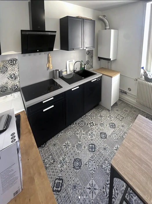 Intérieur domestique avec chien cocker spaniel aux poils dorés assis près d'un canapé gris moderne