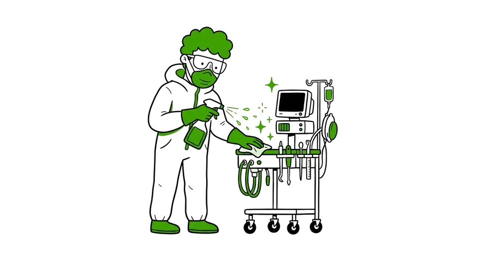 Personnel en combinaisons de protection intégrale blanches désinfectant un bureau moderne