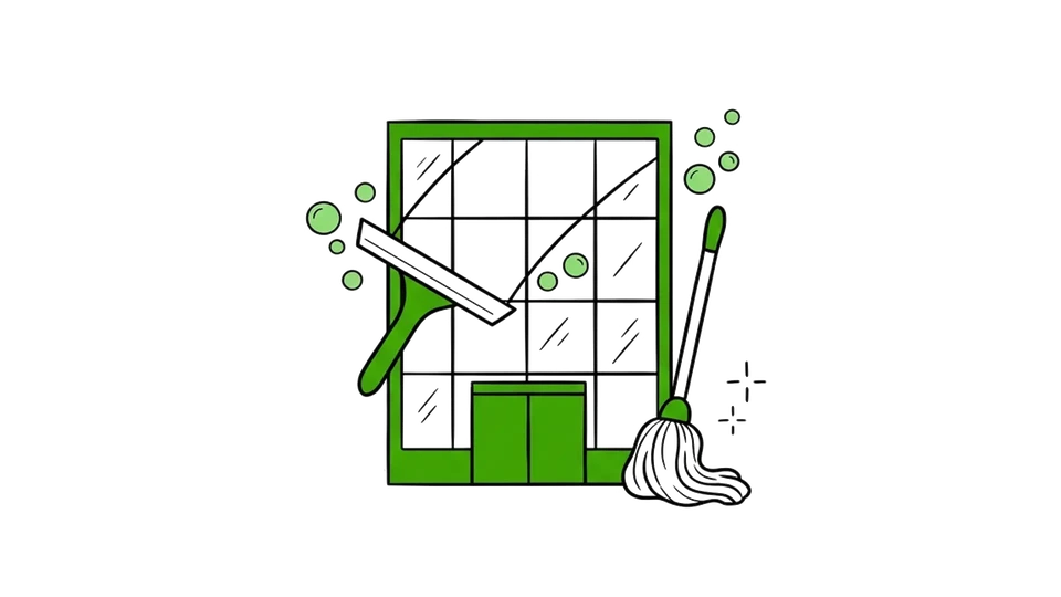 Homme en salopette bleue et t-shirt gris effectuant le nettoyage d'un hall d'entreprise moderne