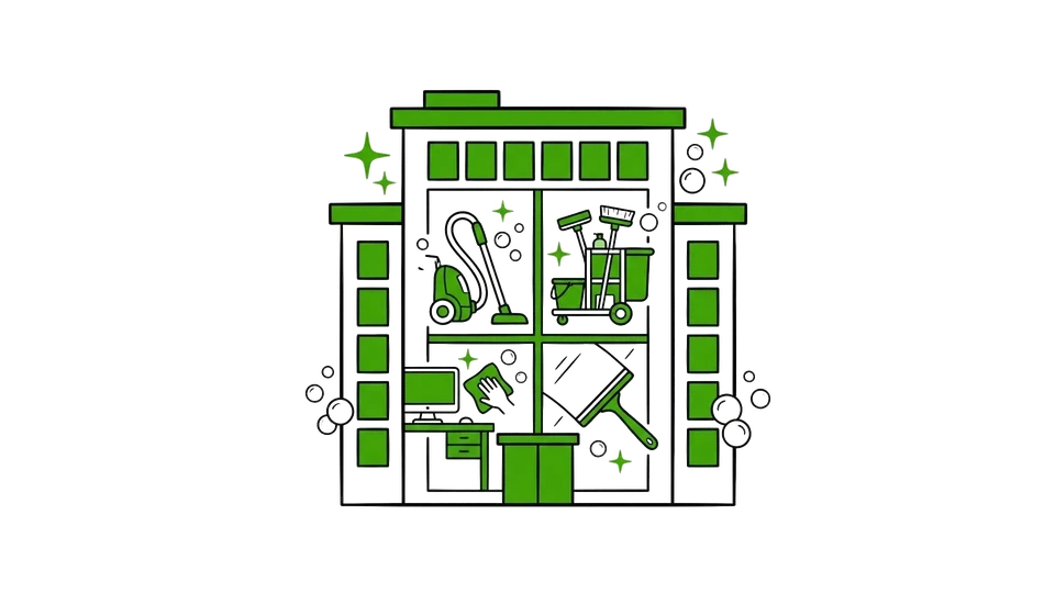 Homme en combinaison bleue utilisant une monobrosse électrique pour nettoyer le sol carrelé d'un couloir d'immeuble moderne